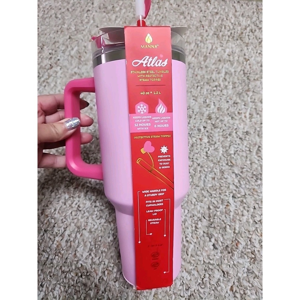 Manna Atlas Pink 40 Oz Stainless Steel Tumbler W/protective Heart‎ Straw New